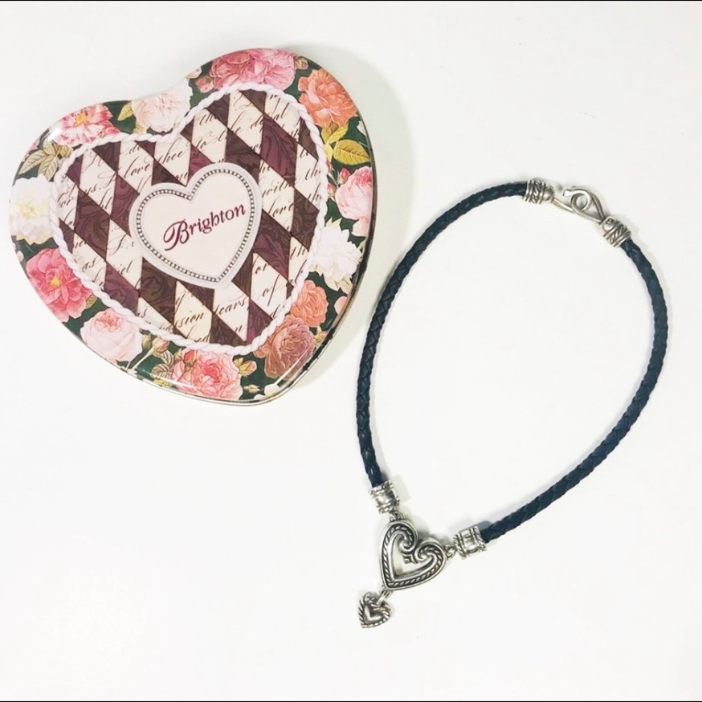 Brighton Silver Heart Necklace Black Leather & Box